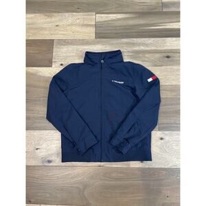 Tommy Hilfiger Navy Lightweight Jacket Size M Hidden Hood Embroidered Logo